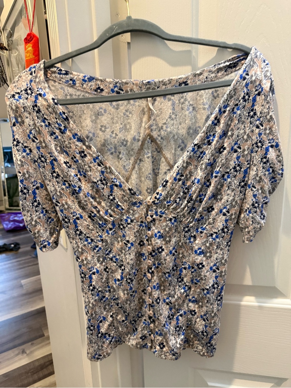 Free People Blue Floral V-Neck Puff Sleeve Blouse